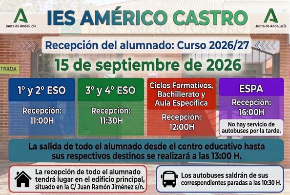 Bienvenidos al curso 2026/2027. ¡¡Atención, día 15 de septiembre!! (Lunes 14, festividad local)